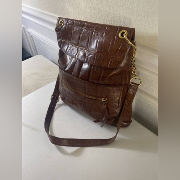 Kate Landry Brown Croc Crossbody Messenger Bag Gold Hardware - Picture 4 of 9